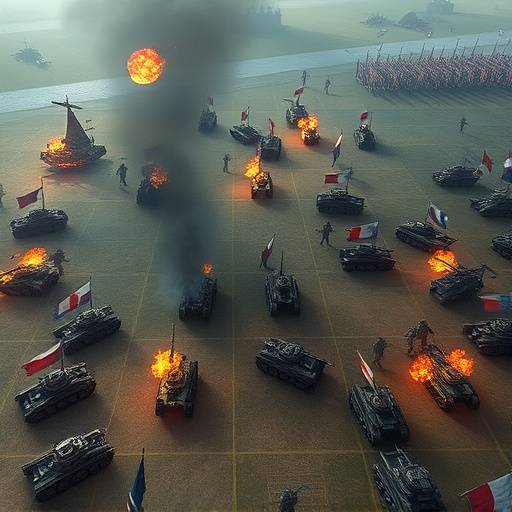 A complex battlefield in a strategy game, showing various units and tactical formations.