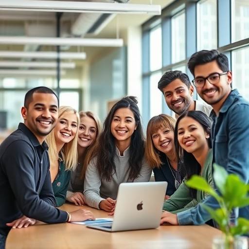 A group photo of the PixelPlay team smiling and posing together in a modern office setting, showcasing diversity and teamwork.