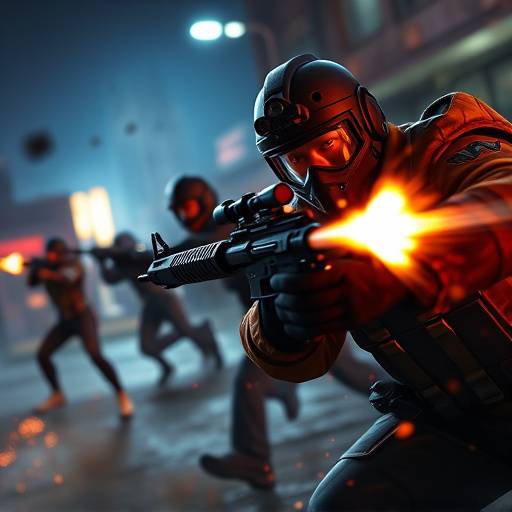 An action-packed scene from a competitive online shooter, with players engaging in a firefight.