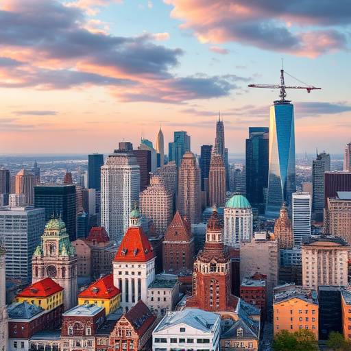 Screenshot from 'City Builders Unite' showing a vibrant city skyline with diverse architectural styles.