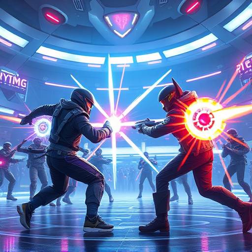 Screenshot from 'Cosmic Clash Arena' showing two teams battling in a futuristic arena with energy weapons.