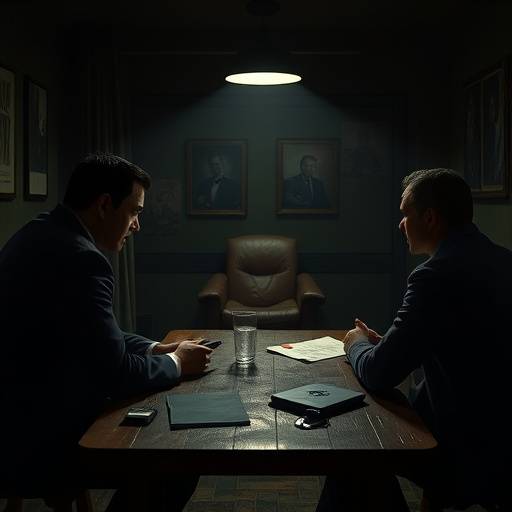 Screenshot from 'Detective Duel Online' showing two players interrogating suspects in a dimly lit room.