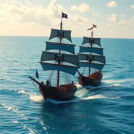 Screenshot from 'Pirate Plunder Paradise' showing pirate ships sailing on a tropical sea.